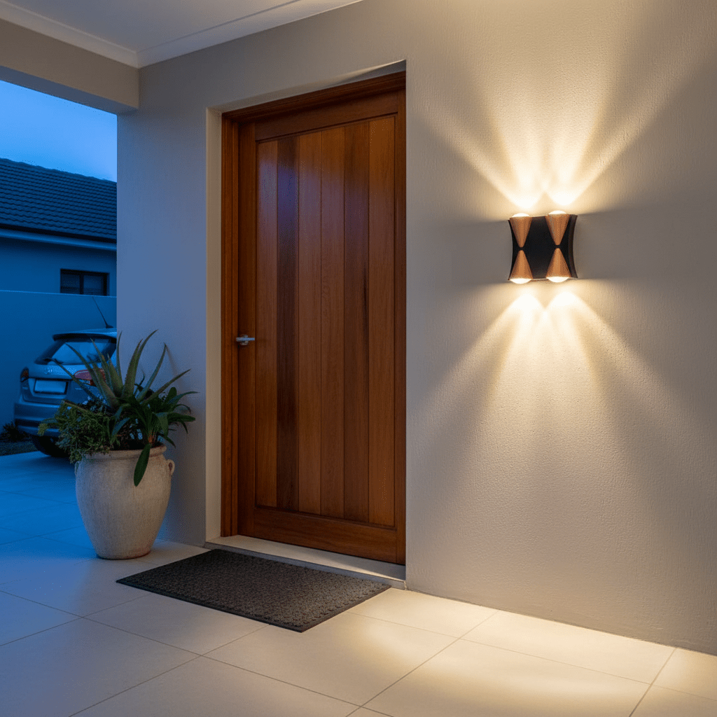 Modern up-and-down outdoor wall light illuminating a front door area with warm white light.