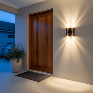 Modern up-and-down outdoor wall light illuminating a front door area with warm white light.