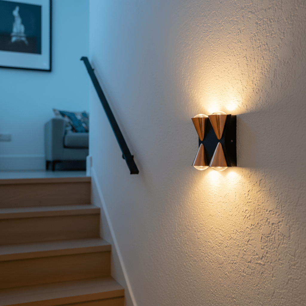 Modern up-and-down wall light mounted beside a staircase, casting warm light on the wall.