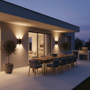 Outdoor setting featuring the Louis 4 Light Up & Down Wall Light illuminating a dining area with a wooden table and chairs.
