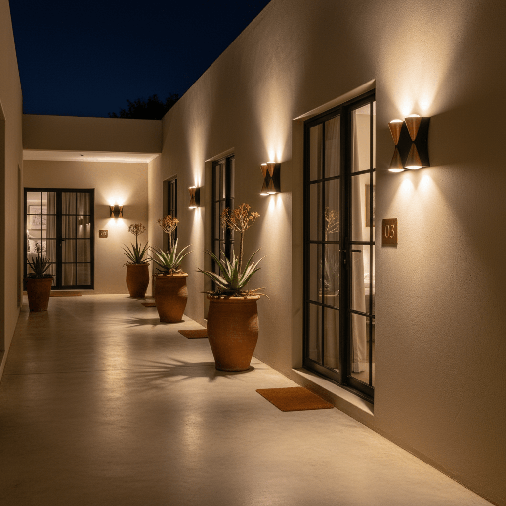 Outdoor corridor illuminated by up-and-down wall lights, featuring potted plants and a welcoming entrance.