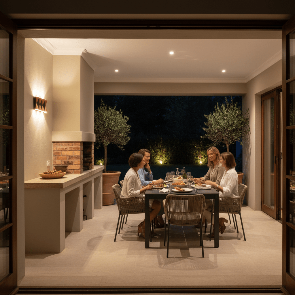 Outdoor dining scene with four women enjoying a meal under warm lighting, featuring a wall light illuminating the space.