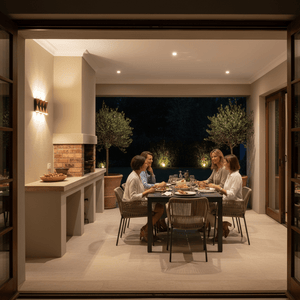 Outdoor dining scene with four women enjoying a meal under warm lighting, featuring a wall light illuminating the space.