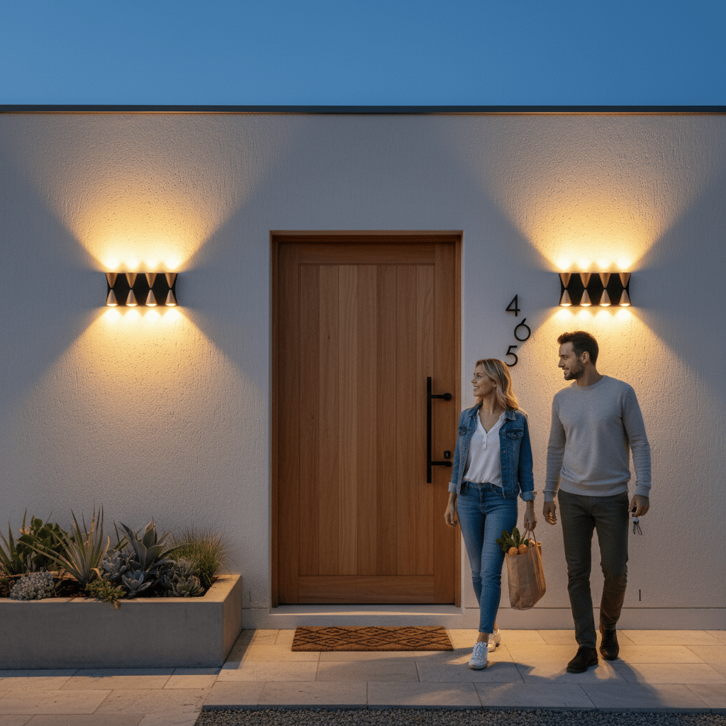 Couple walking towards a wooden door illuminated by a modern up-and-down outdoor wall light.