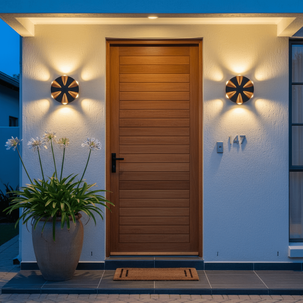 Outdoor wall light illuminating a front door, highlighting textures and plants in a welcoming entrance.