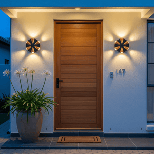 Outdoor wall light illuminating a front door, highlighting textures and plants in a welcoming entrance.