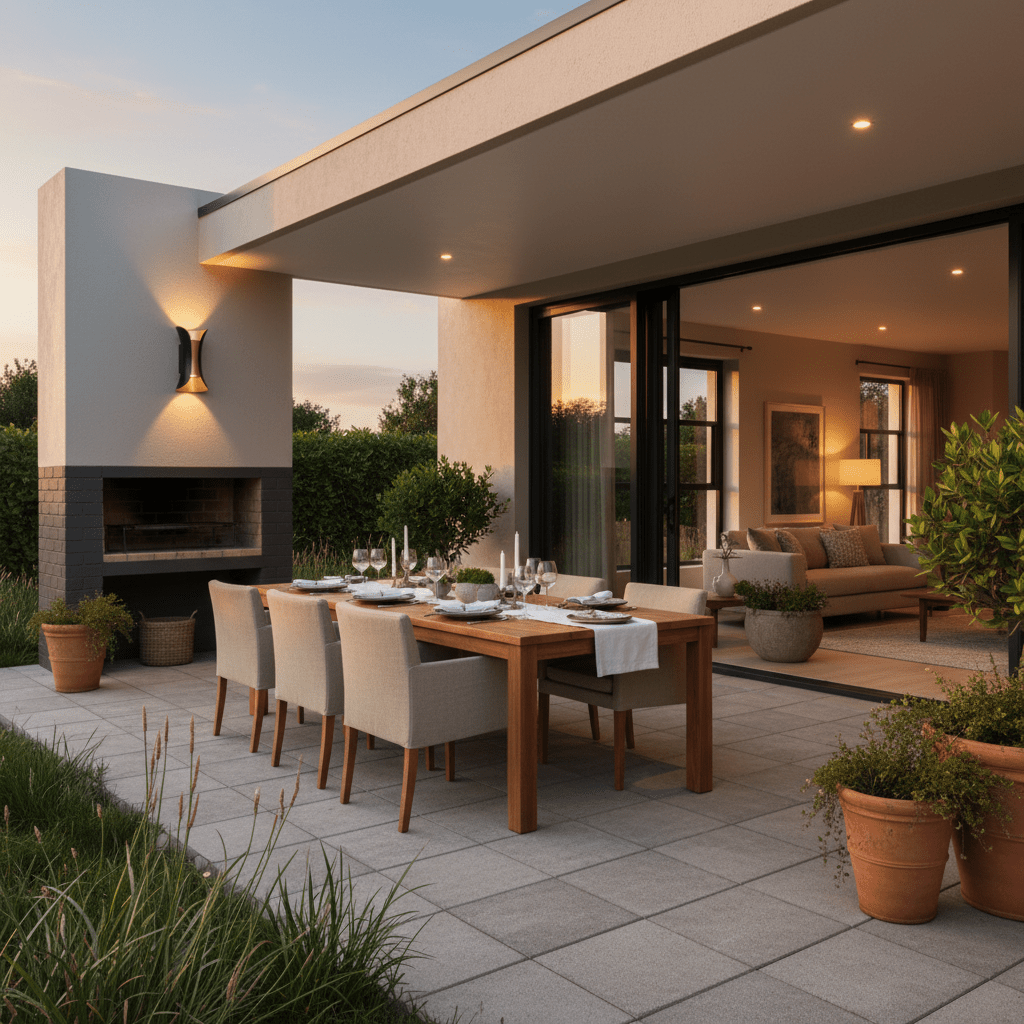 Titania Outdoor LED Wall Light illuminating a modern patio dining area with a wooden table and potted plants.