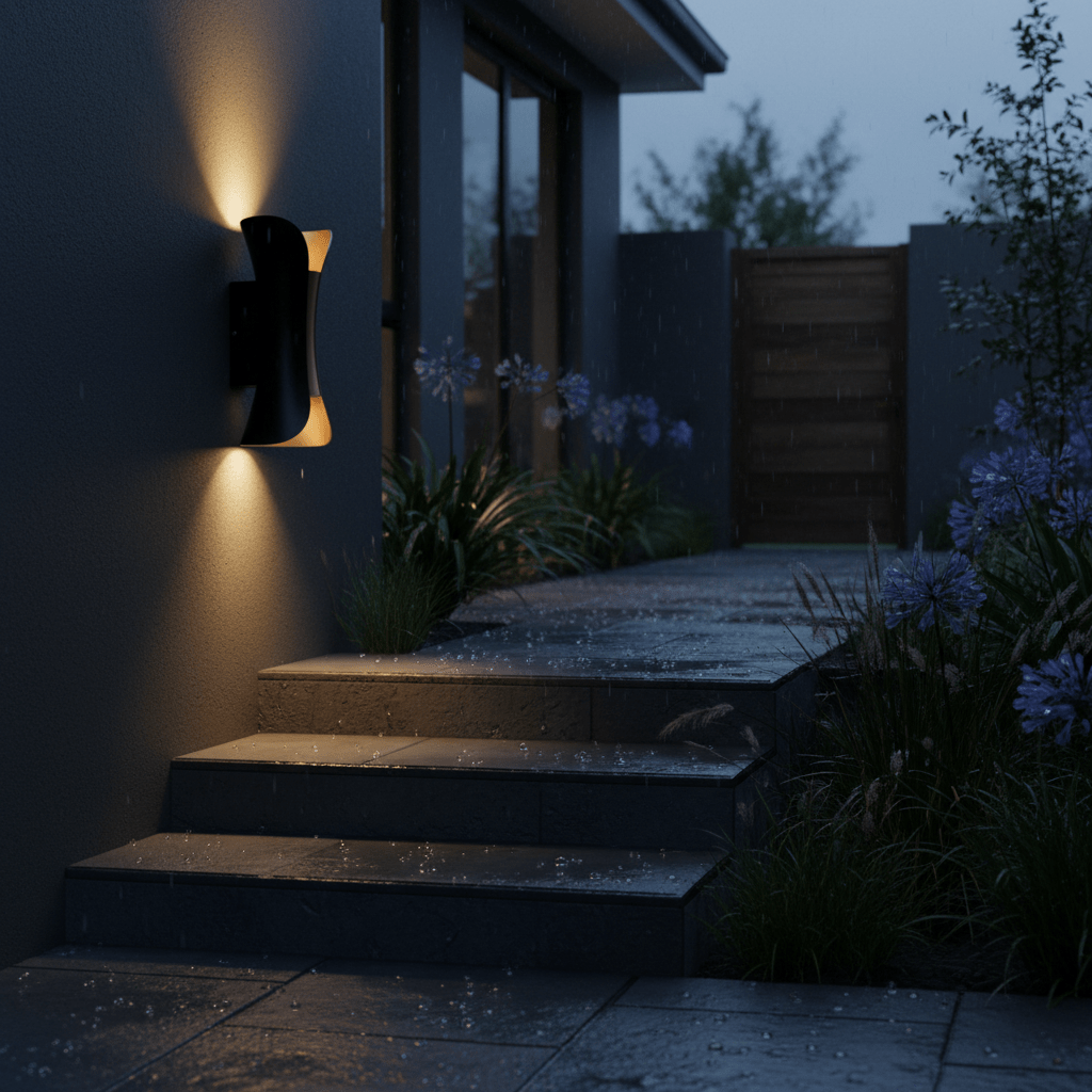 Titania Outdoor LED Wall Light mounted on a wall, illuminating wet stone steps and surrounding plants at dusk.