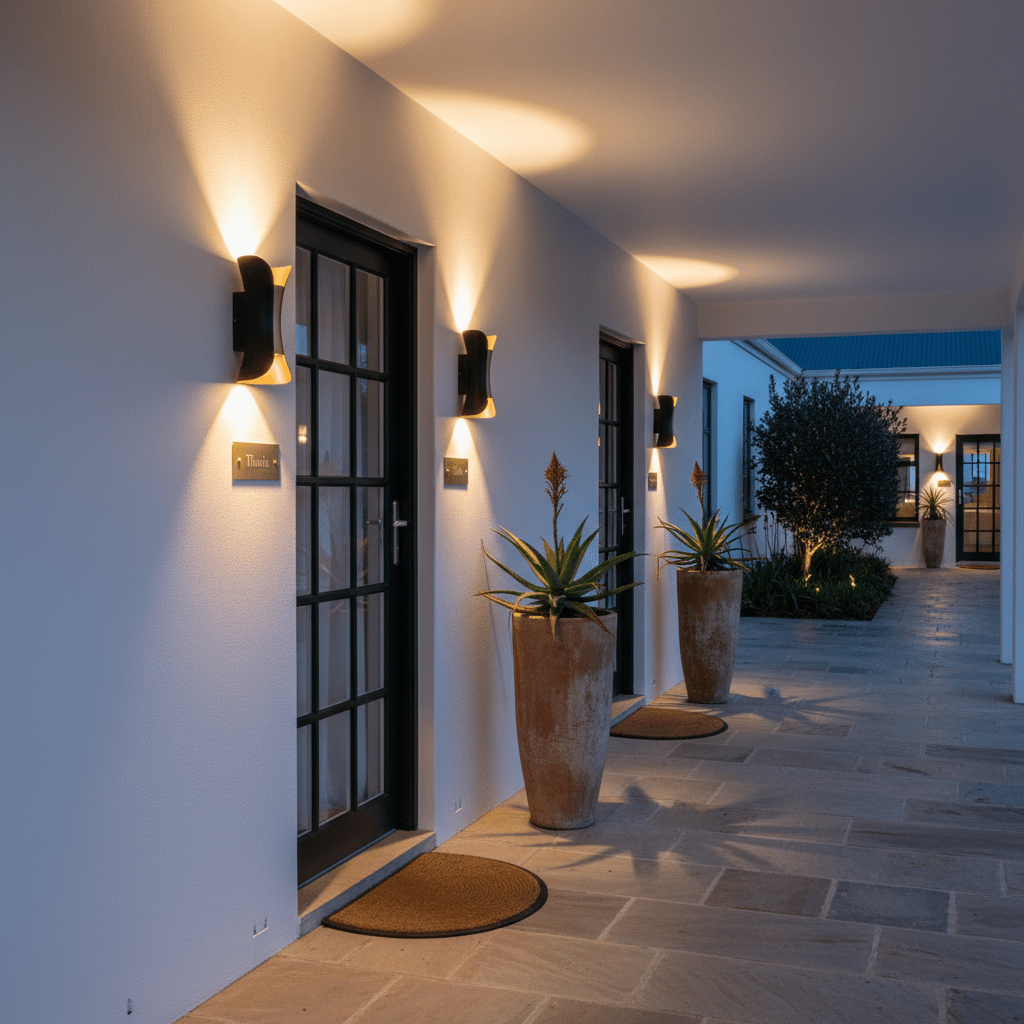 Titania Outdoor LED Wall Light illuminating a modern entrance with potted plants and a stone pathway.