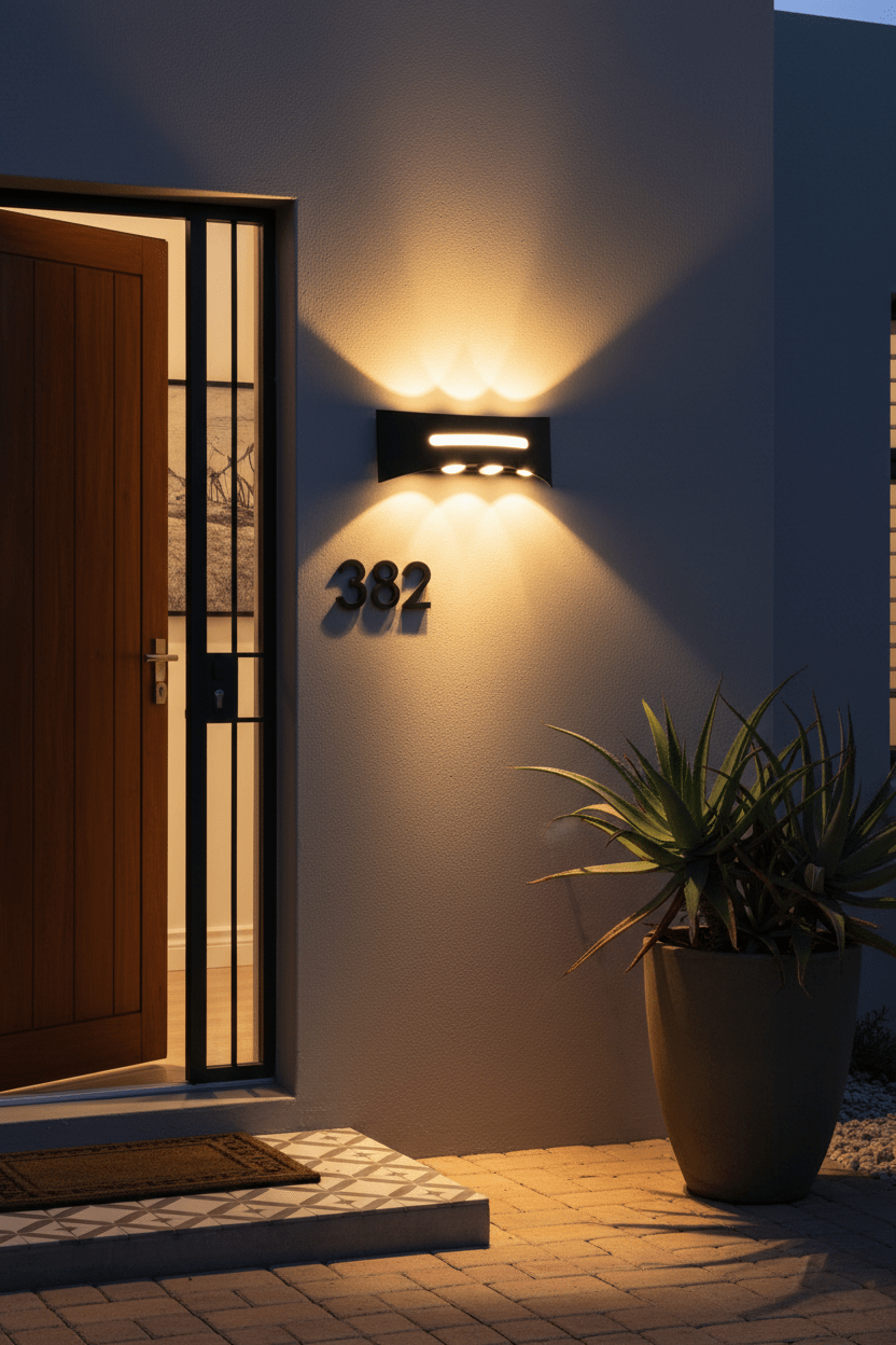A black outdoor light mounted on a wall illuminates the house number 382, with a potted plant nearby and a wooden door.
