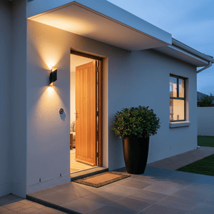 Outdoor LED wall light illuminating a home's entrance, highlighting the door and surrounding area.