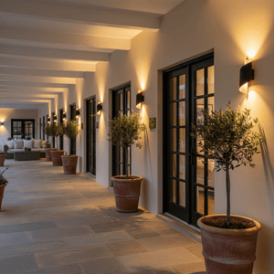 Outdoor corridor featuring multiple Atalanta LED wall lights illuminating the space with a warm glow.