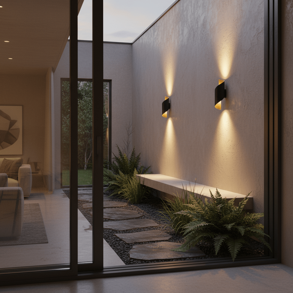 Two Atalanta Outdoor LED Wall Lights mounted on a textured wall, illuminating a serene patio area with greenery.