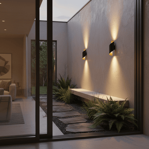 Two Atalanta Outdoor LED Wall Lights mounted on a textured wall, illuminating a serene patio area with greenery.