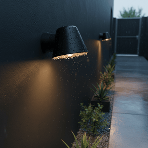 Close-up of Shadowline Outdoor Wall Light mounted on a textured wall, illuminated in rain with plants below.