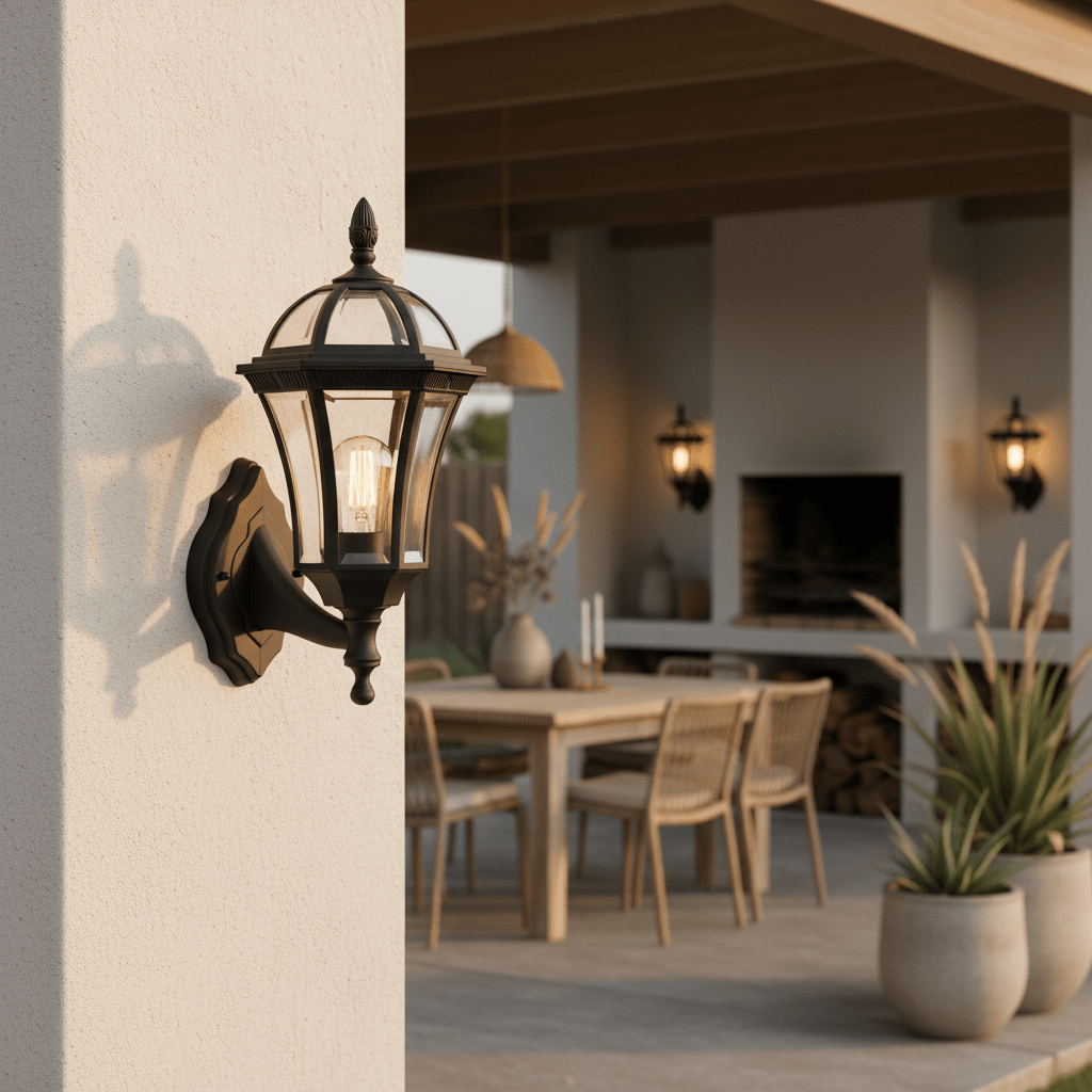 Eclipse 6 Panel Wall Light mounted on a wall, illuminating a cozy outdoor dining area with a table and chairs.