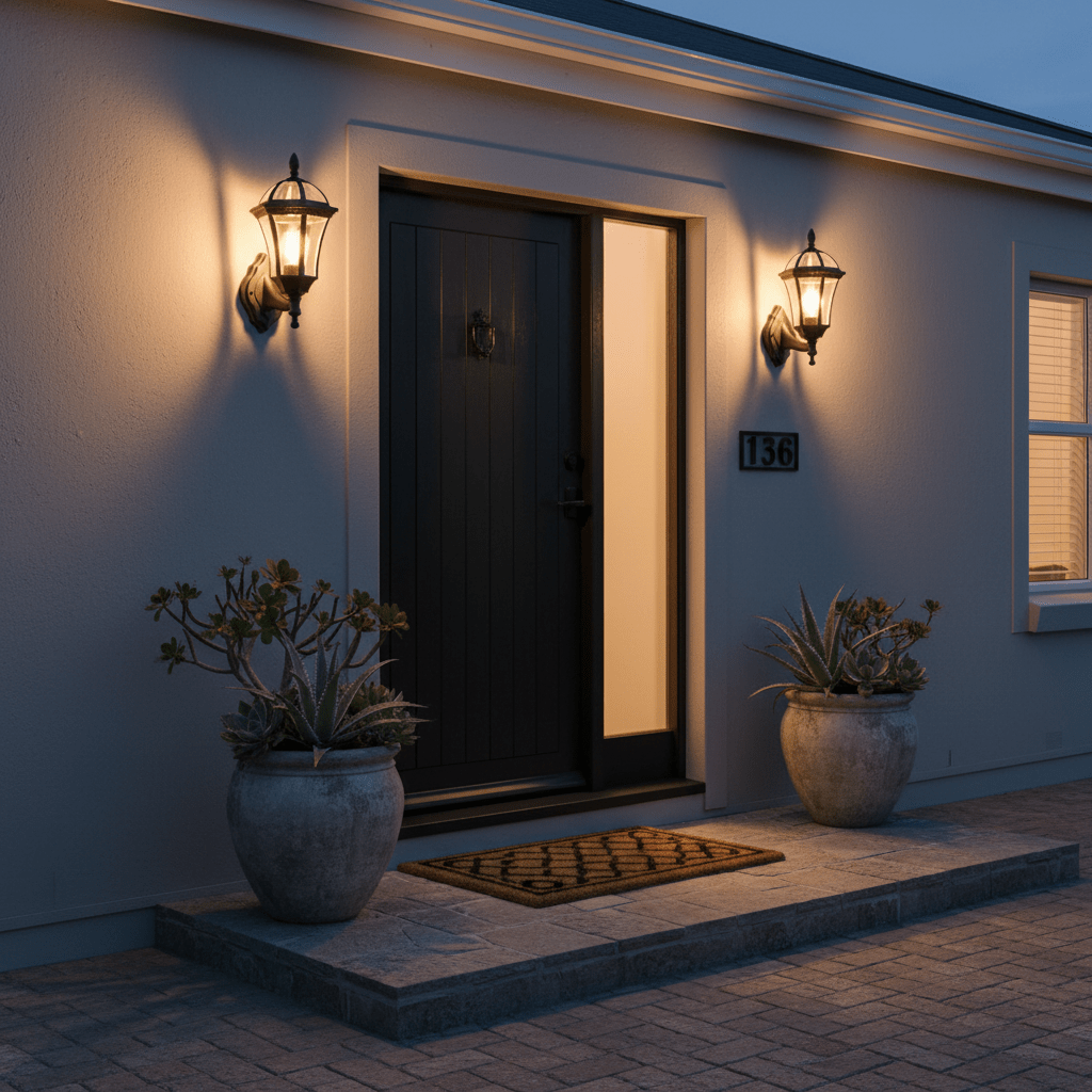 Eclipse 6 Panel Wall Light illuminating a coastal entrance with potted plants and a welcome mat.