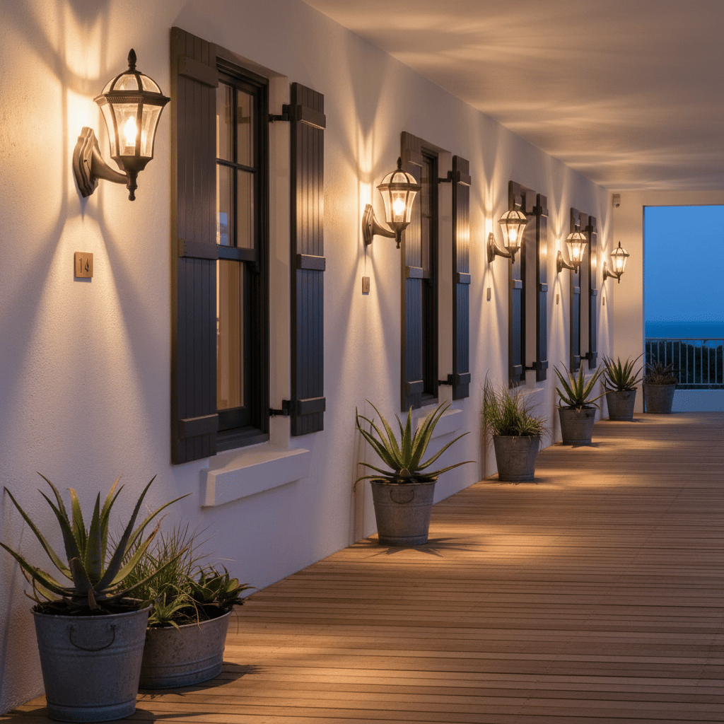 Outdoor wall lights illuminate a coastal patio with potted plants and wooden decking.