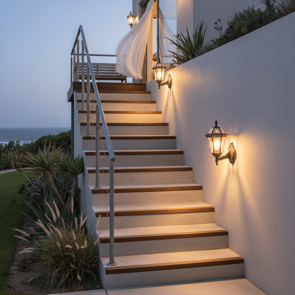 Outdoor wall light illuminating a staircase, enhancing safety and ambiance with a coastal view.