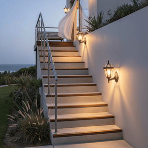 Outdoor wall light illuminating a staircase, enhancing safety and ambiance with a coastal view.