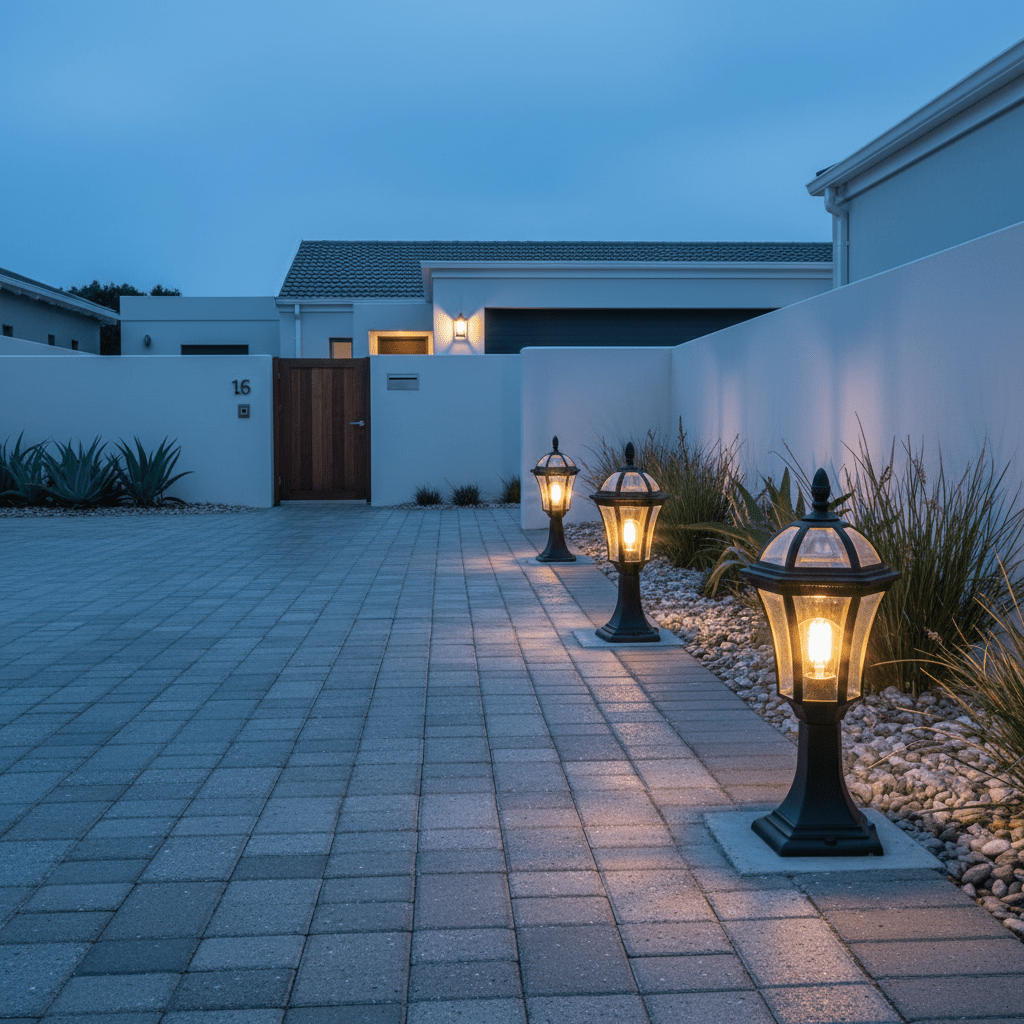 Eclipse 6 Panel Pillar Lights illuminating a modern driveway, enhancing visibility and aesthetics.