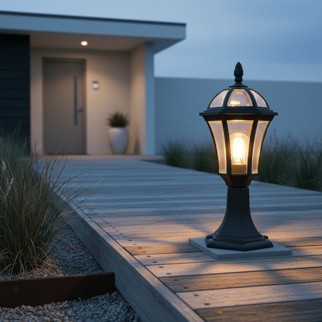 Eclipse 6 Panel Pillar Light illuminating a wooden pathway, surrounded by grass and leading to a modern entrance.