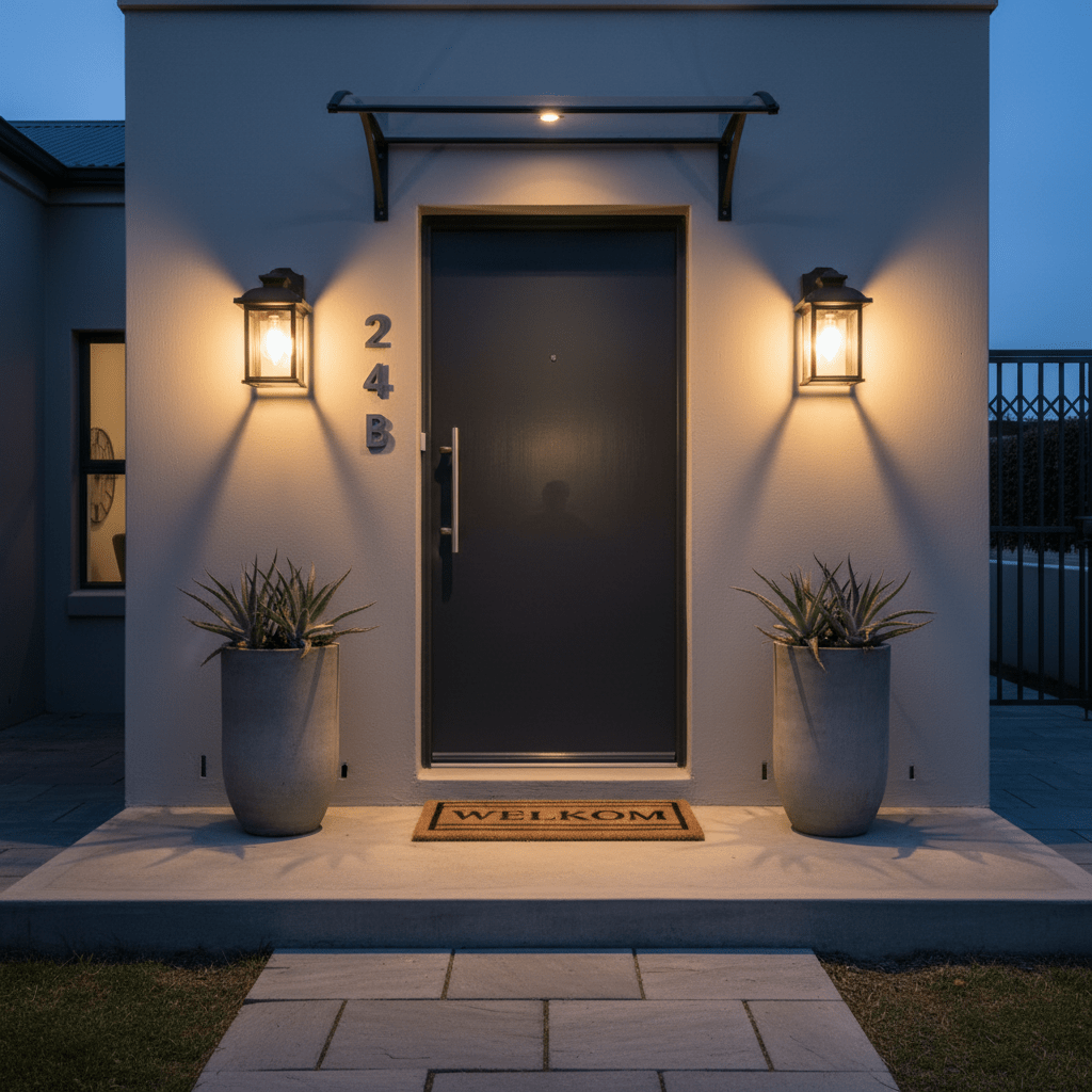 Urban Edge Outdoor Wall Light illuminating a modern entrance with potted plants and a welcome mat.