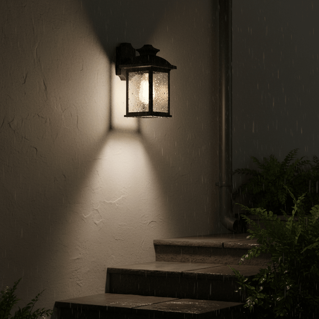 Outdoor wall light illuminating steps in the rain, showcasing its down-facing design and weatherproof features.
