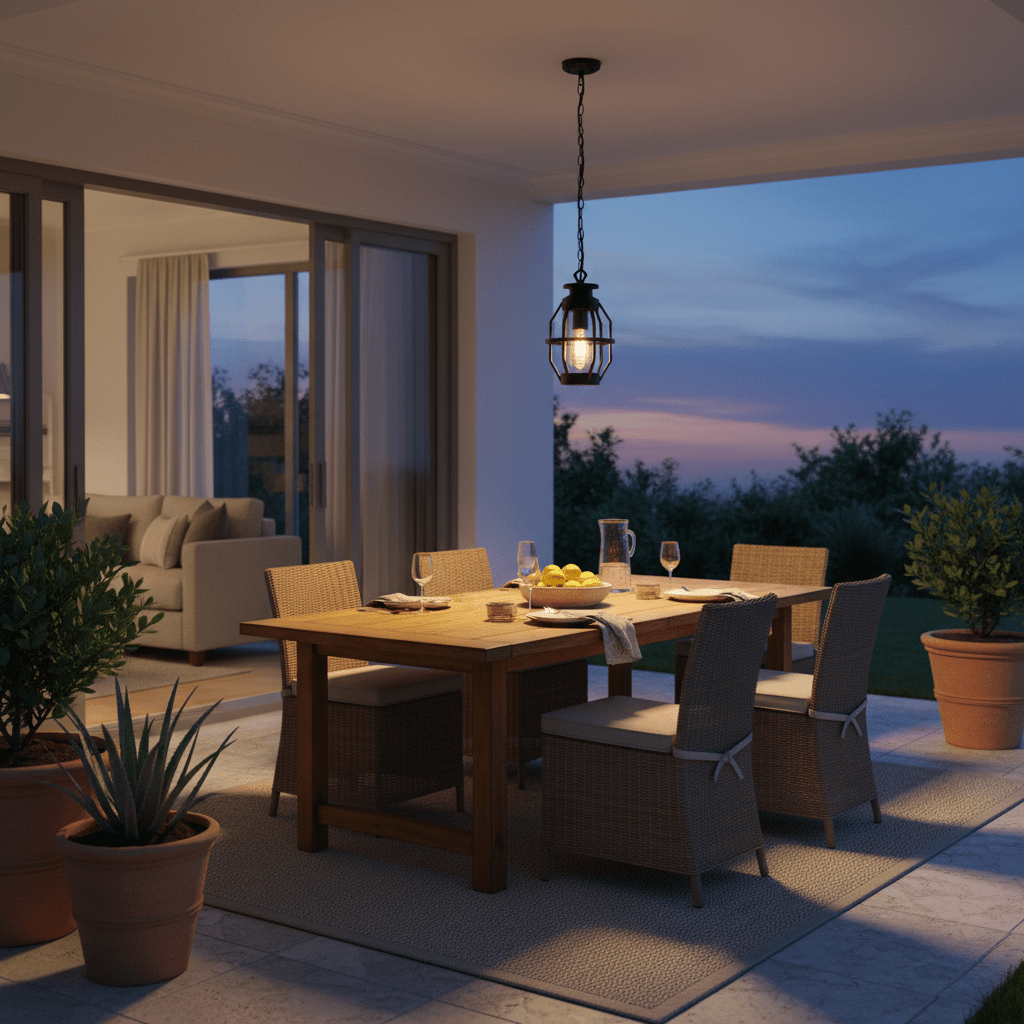 Sey Outdoor Pendant Light hanging above a wooden dining table set on a patio, surrounded by potted plants.