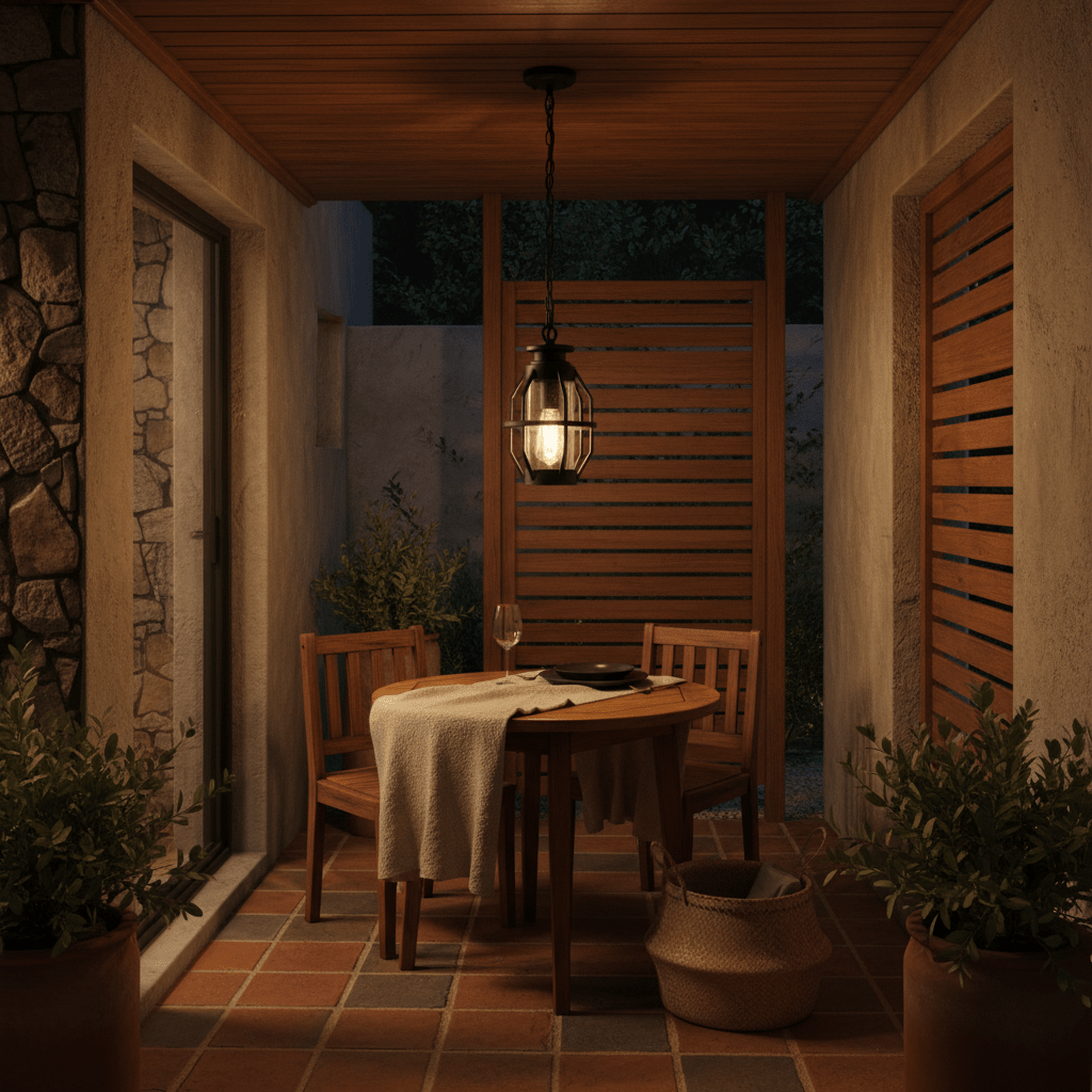 Sey Outdoor Pendant Light hanging over a wooden dining table in a cozy patio setting, surrounded by plants.