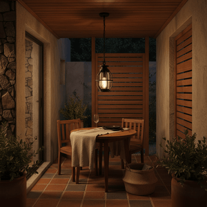 Sey Outdoor Pendant Light hanging over a wooden dining table in a cozy patio setting, surrounded by plants.