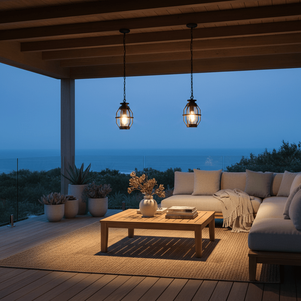 Two Sey Outdoor Pendant Lights hang above a wooden table on a patio, illuminating a cozy seating area with ocean views.