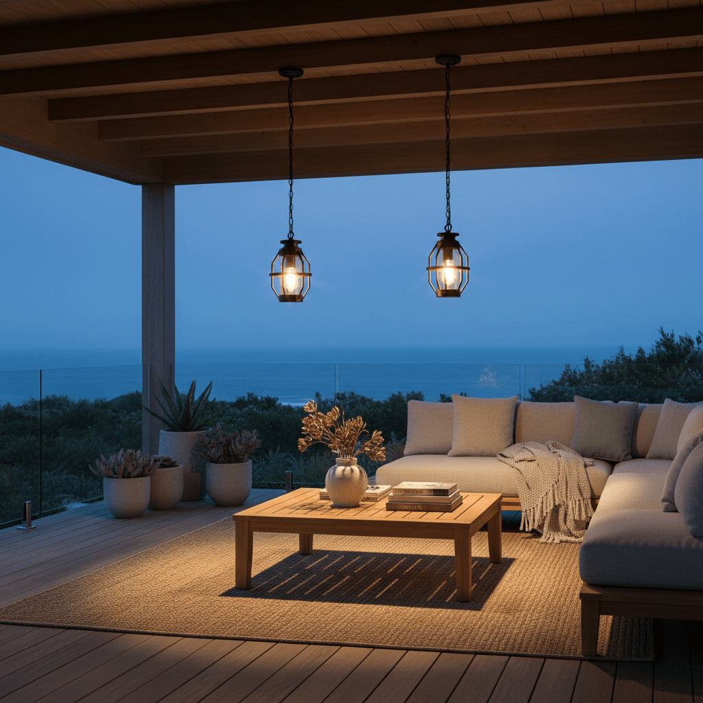 Two Sey Outdoor Pendant Lights hang above a wooden table on a patio, illuminating a cozy seating area with ocean views.
