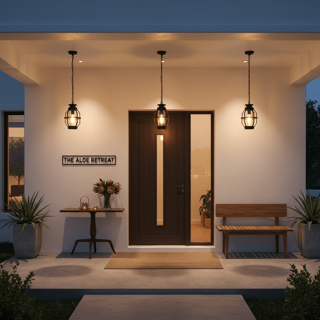 Three Sey Outdoor Pendant Lights illuminate a modern entrance with a wooden door and decorative plants.