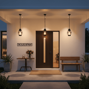 Three Sey Outdoor Pendant Lights illuminate a modern entrance with a wooden door and decorative plants.