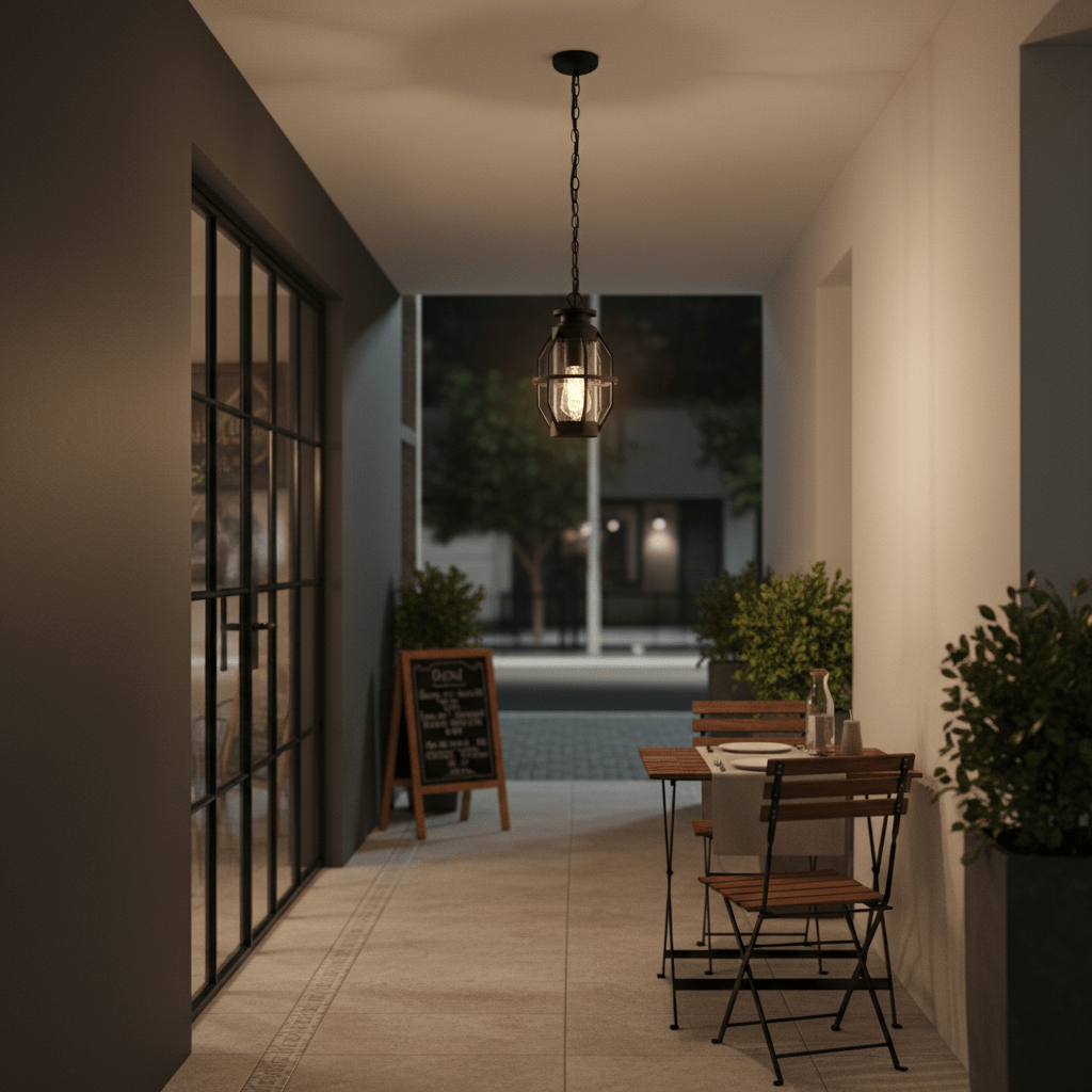 Sey Outdoor Pendant Light hanging above a patio dining table in a modern outdoor setting.