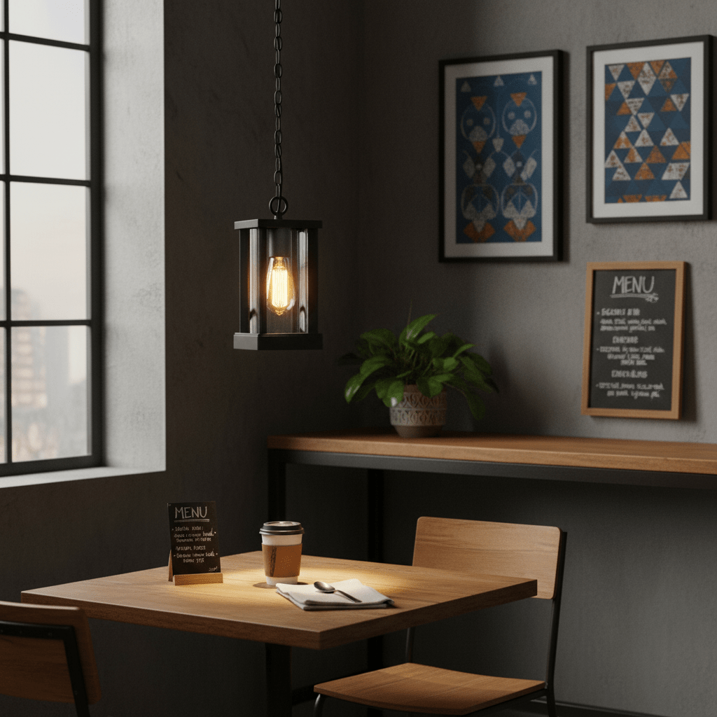 Atlantis Outdoor Pendant Light hanging above a wooden table in a cozy indoor setting with a menu and coffee cup.