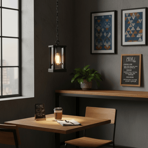 Atlantis Outdoor Pendant Light hanging above a wooden table in a cozy indoor setting with a menu and coffee cup.