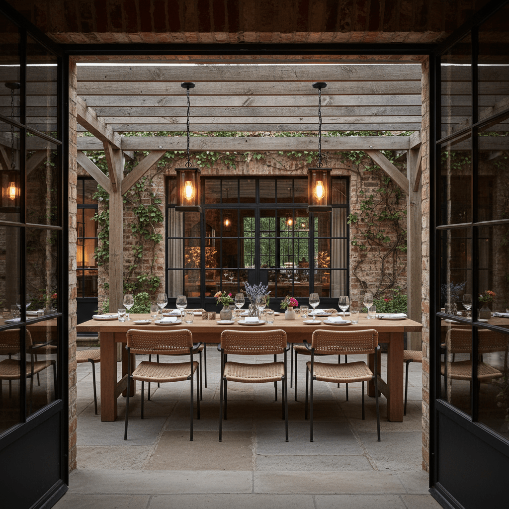 Stylish outdoor dining area featuring the Atlantis Outdoor Pendant Light above a wooden table set for dinner.