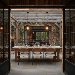 Stylish outdoor dining area featuring the Atlantis Outdoor Pendant Light above a wooden table set for dinner.