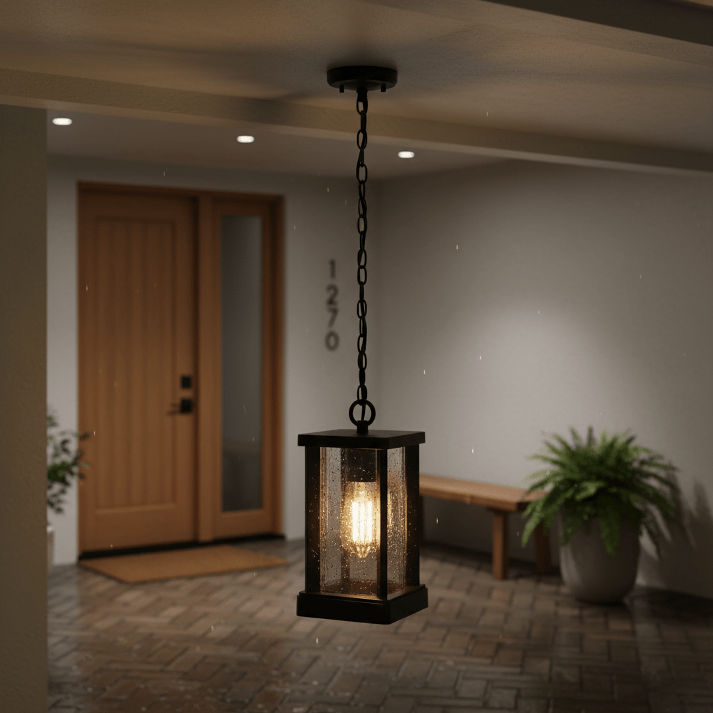 Lantern-style pendant light hanging in a covered outdoor area, illuminating a doorway and patio.
