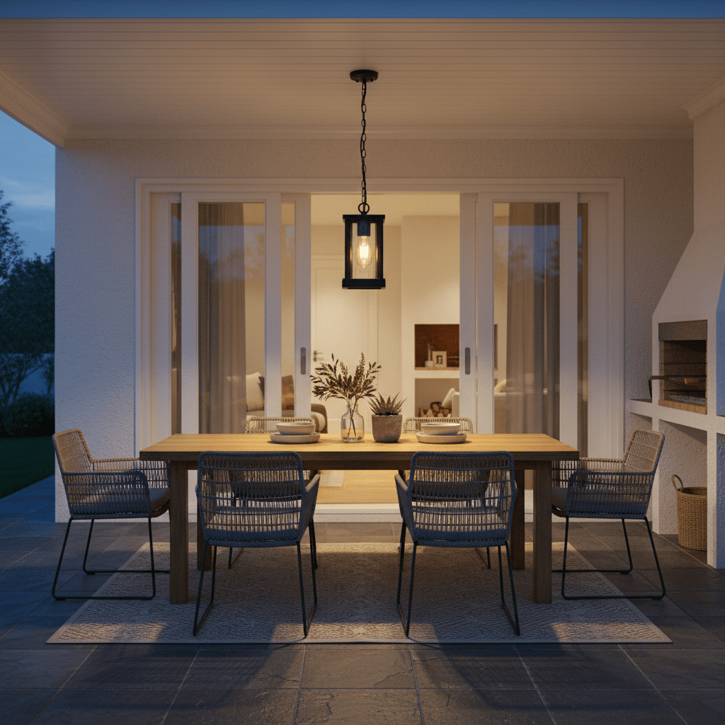 A stylish outdoor dining area featuring the Atlantis Outdoor Pendant Light above a wooden table with chairs.