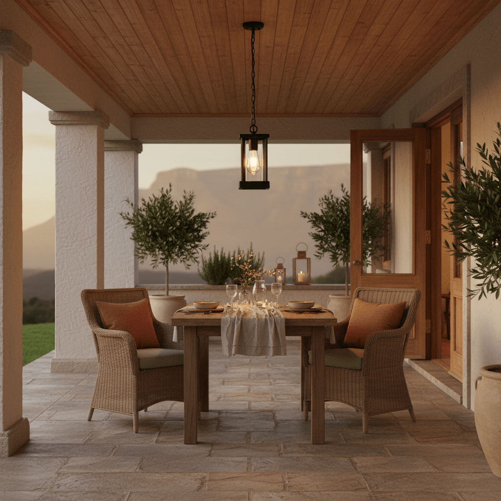 A stylish outdoor setting featuring the Atlantis Outdoor Pendant Light above a wooden dining table with chairs, creating a