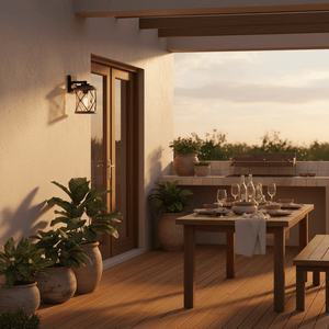 Outdoor scene featuring the Leon Wall Light mounted beside a wooden door, illuminating a dining area with plants.