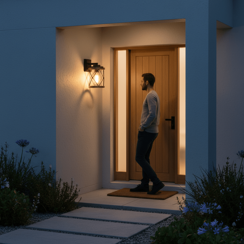 A modern outdoor wall light illuminating a front entrance, with a man standing by the door.