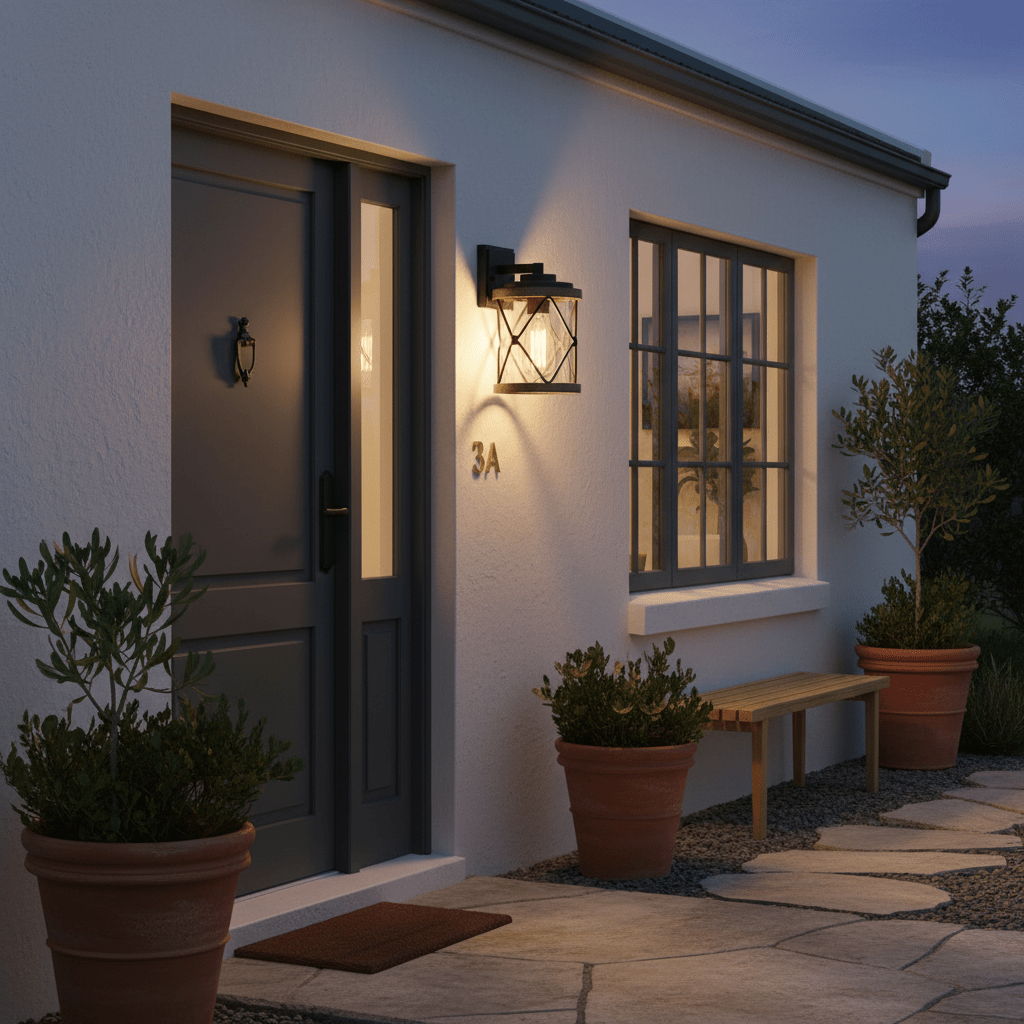Outdoor wall light illuminating a modern entrance with potted plants and a bench.