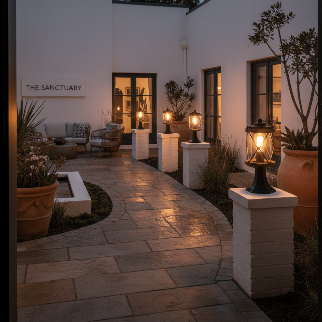 Outdoor pathway illuminated by Leon Pillar Lights on white pedestals, creating a welcoming entrance.