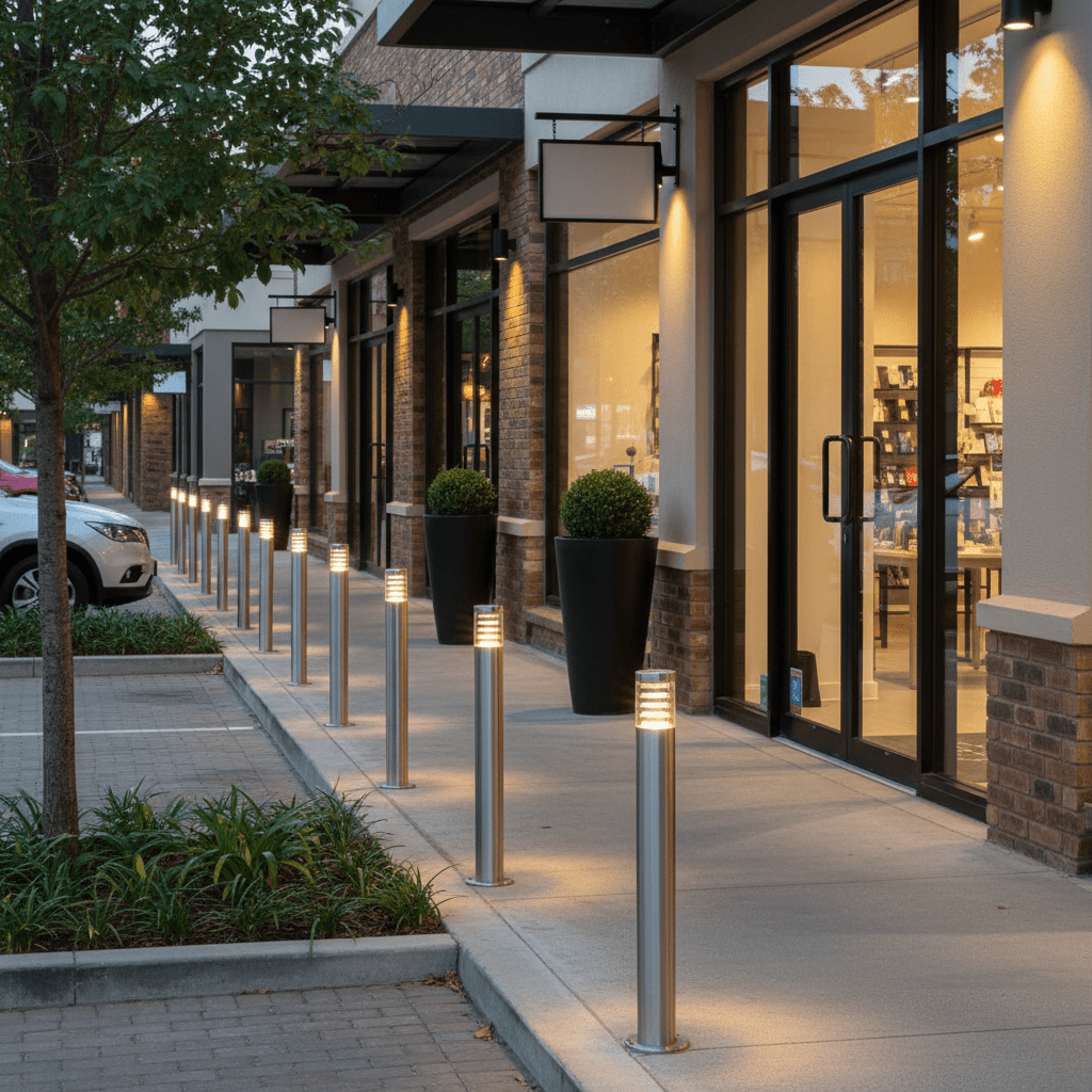 Stainless steel bollards line a modern retail walkway, providing illuminated guidance and enhancing safety near storefronts.
