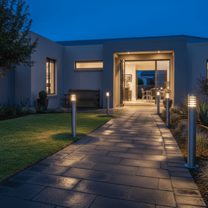 Stainless steel bollards line a paved walkway leading to a modern house entrance, illuminating the path at dusk.