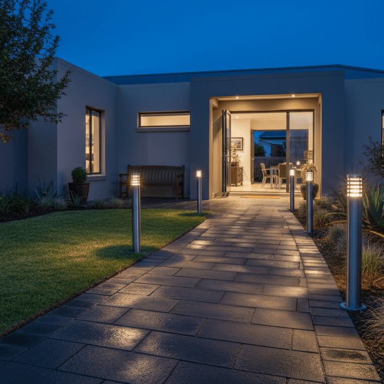 Stainless steel bollards line a paved walkway leading to a modern house entrance, illuminating the path at dusk.